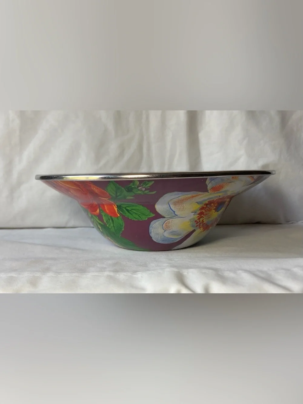 Mackenzie Childs Purple Plum Flower Market Enamelware Salad Soup Bowl 7.75”